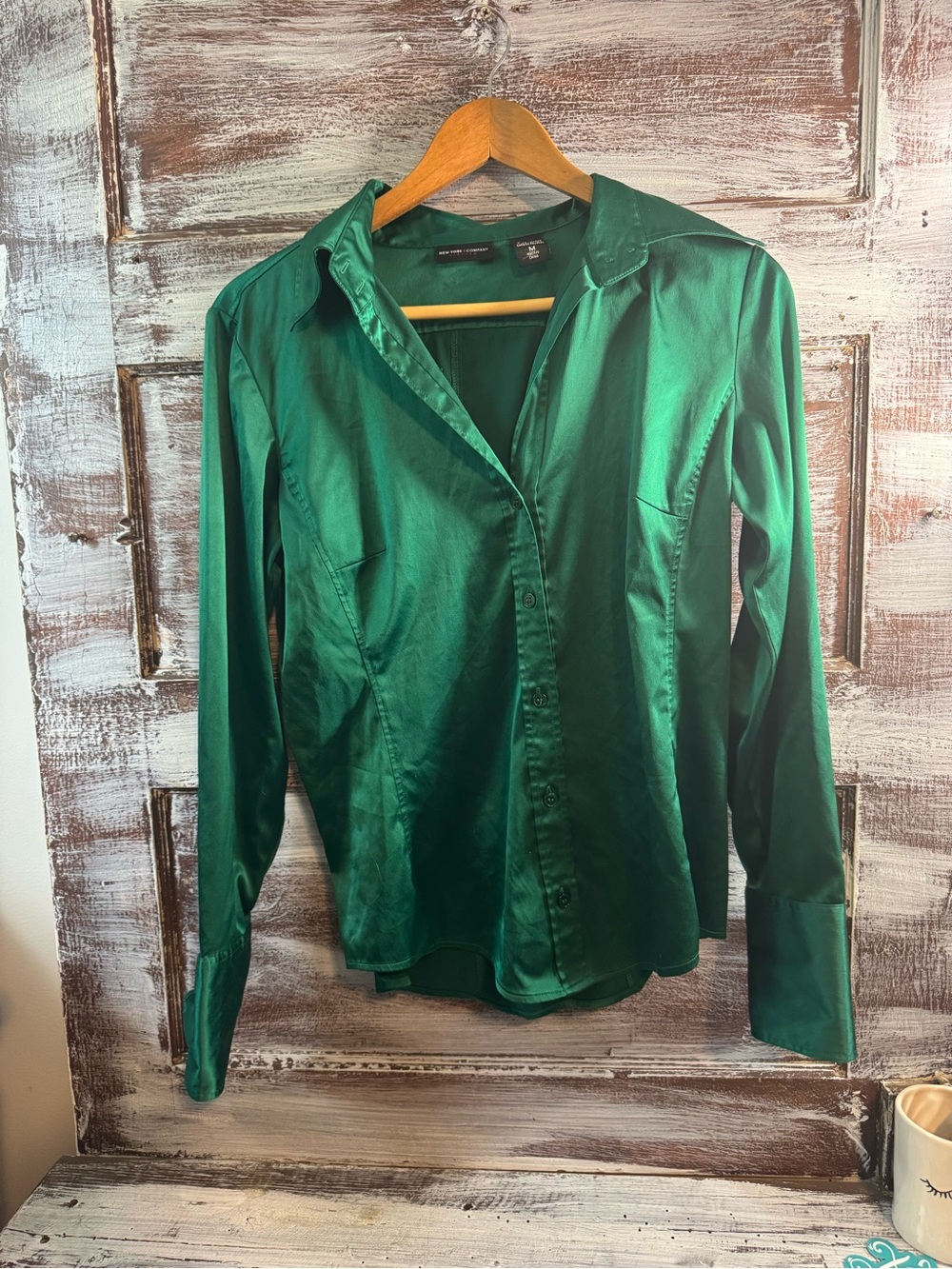 New York & Company Emerald Green Satin Button-Down Shirt